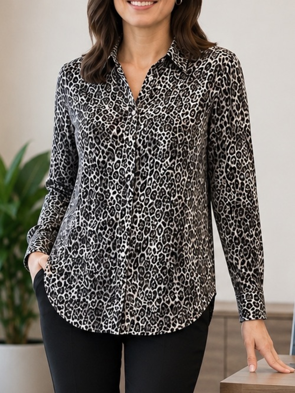 Chaps Leopard Print Button Down Shirt/Blouse Black Gray 1X NWOT